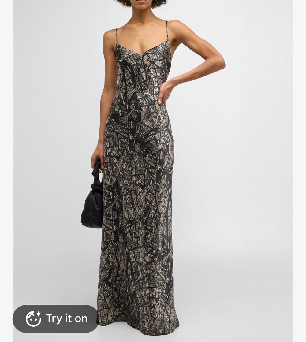 L'AGENCE Serita 100% Silk Maxi V-Neck Slip Dress Ecru Map Of Paris 4 NWT